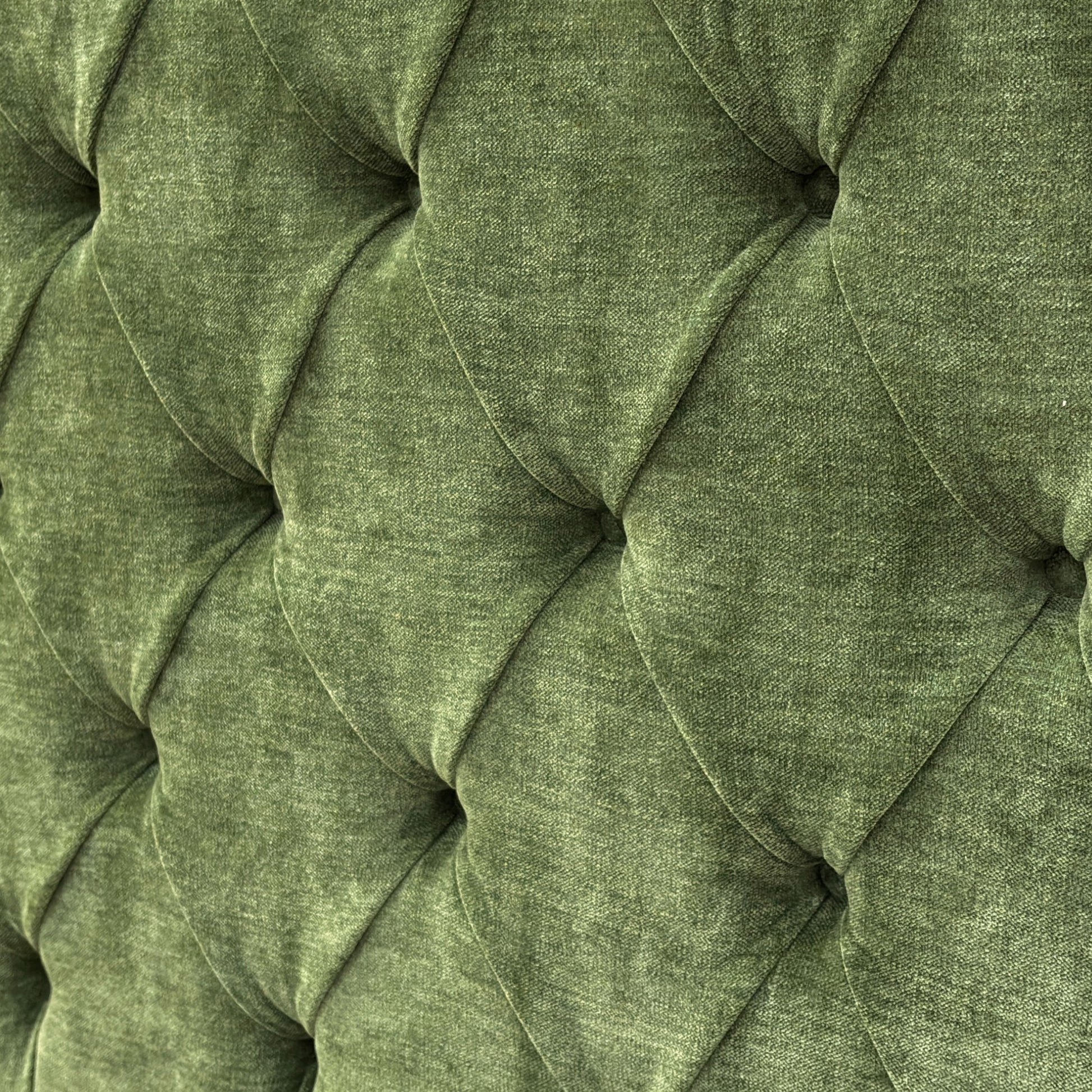 Close-up of the 'Dorian' Floor Standing Headboard, showing the deep button tufting and the texture of the Aston Moss fabric.