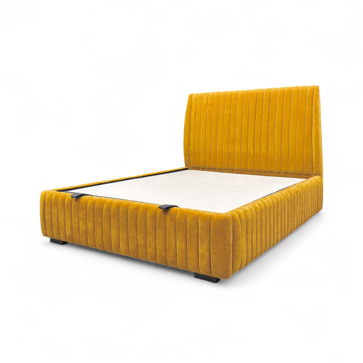 Side angle shot of the end of the 'Aydon' bed frame, showing the edge and likely the handle/mechanism for the end lift ottoman function.