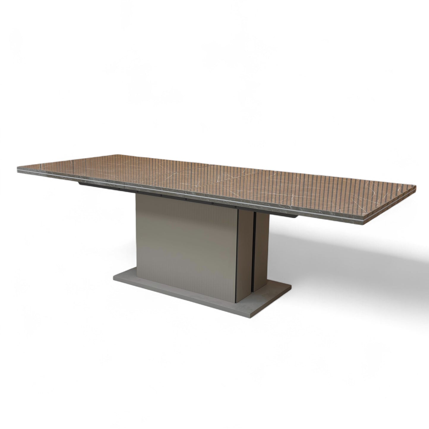 Angled shot of the 'Lusso' dining table, highlighting the contrast between the high-gloss ceramic top and the pedestal base.