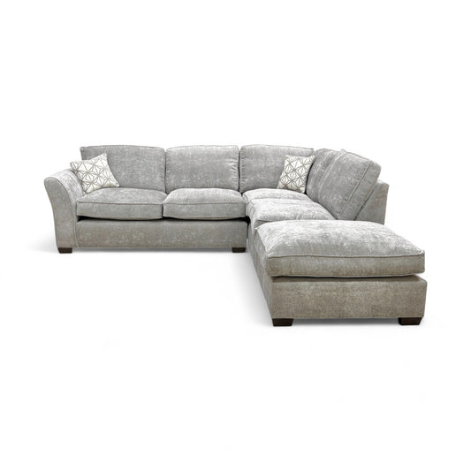 Frontal view of the Meridian Truffle Chenille Corner Sofa, emphasizing the deep seats and contemporary shape.