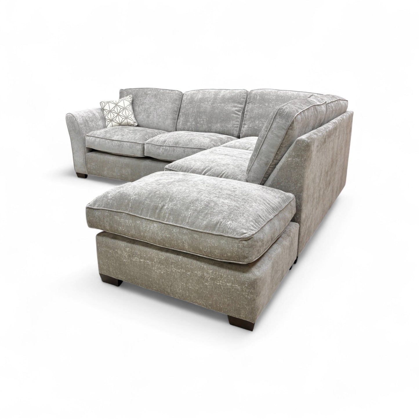 Side view of the sofa, focusing on the right-hand facing open-end chaise section, showing the seat depth and modern base.