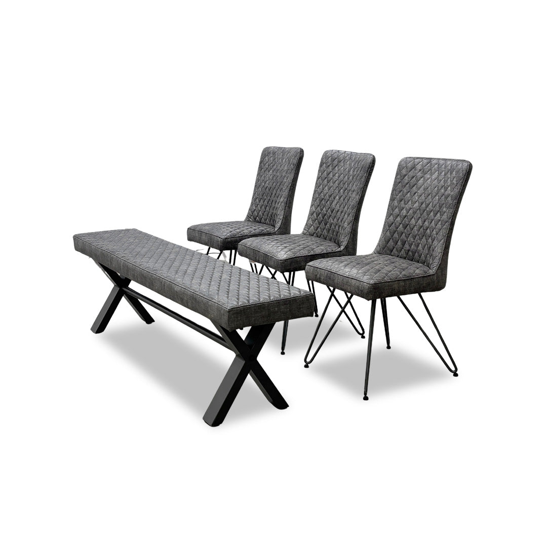 ‘Brooklyn' Grey Upholstered Large Dining Bench + 3 Dining Chairs
