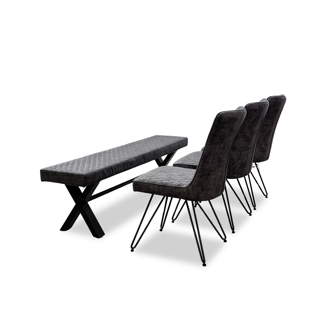 ‘Brooklyn' Grey Upholstered Large Dining Bench + 3 Dining Chairs