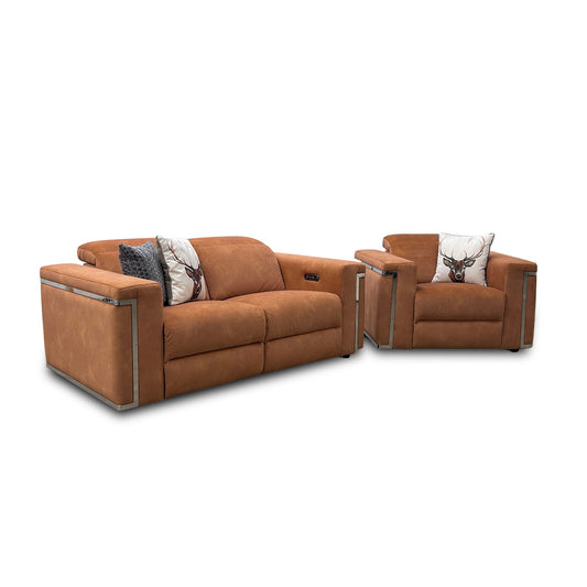 'Cora' Dexter Pumpkin Velvet Power Recliner 2 Seater Sofa with Power Headrest + Power Recliner Chair with Power Headrest