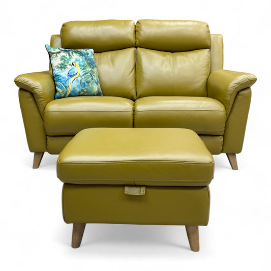 Full front view of the 'Sienna' Mustard Yellow 2 Seater Sofa, showing the padded armrests and deep seating cushions.