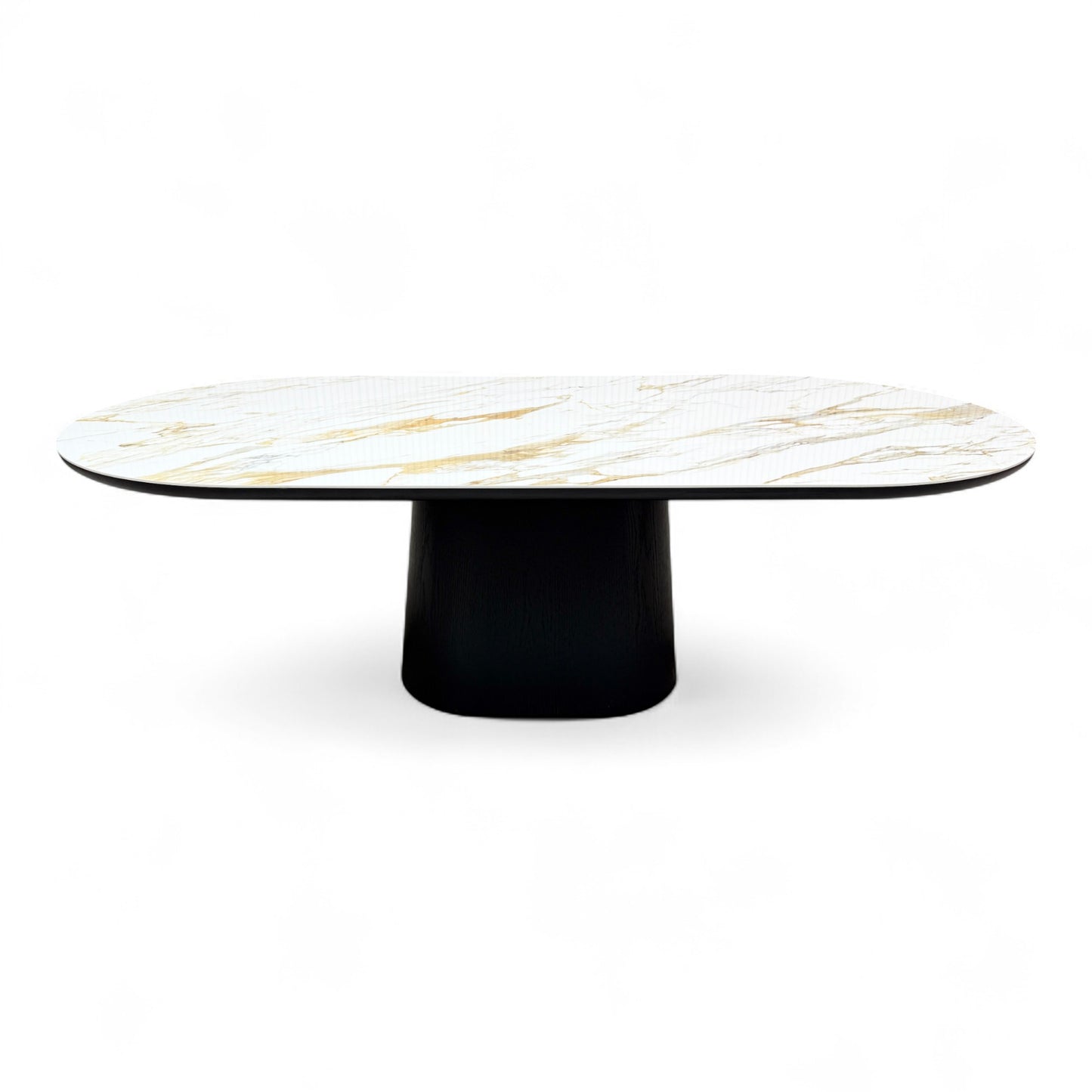 Side view of the 'Allegra' fixed dining table, emphasizing the rectangular ceramic top and the structure of the dark, angular smoked oak base.