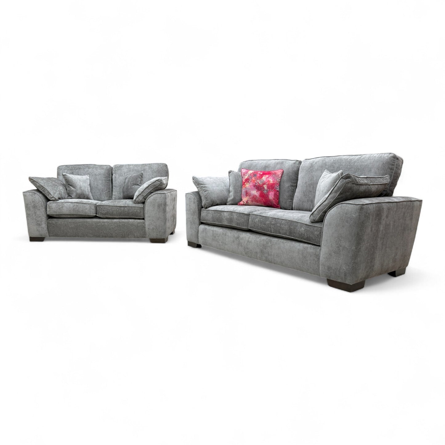 Full, straight-on view of the matching 'Harvey' 2-seater sofa in charcoal grey chenille fabric.