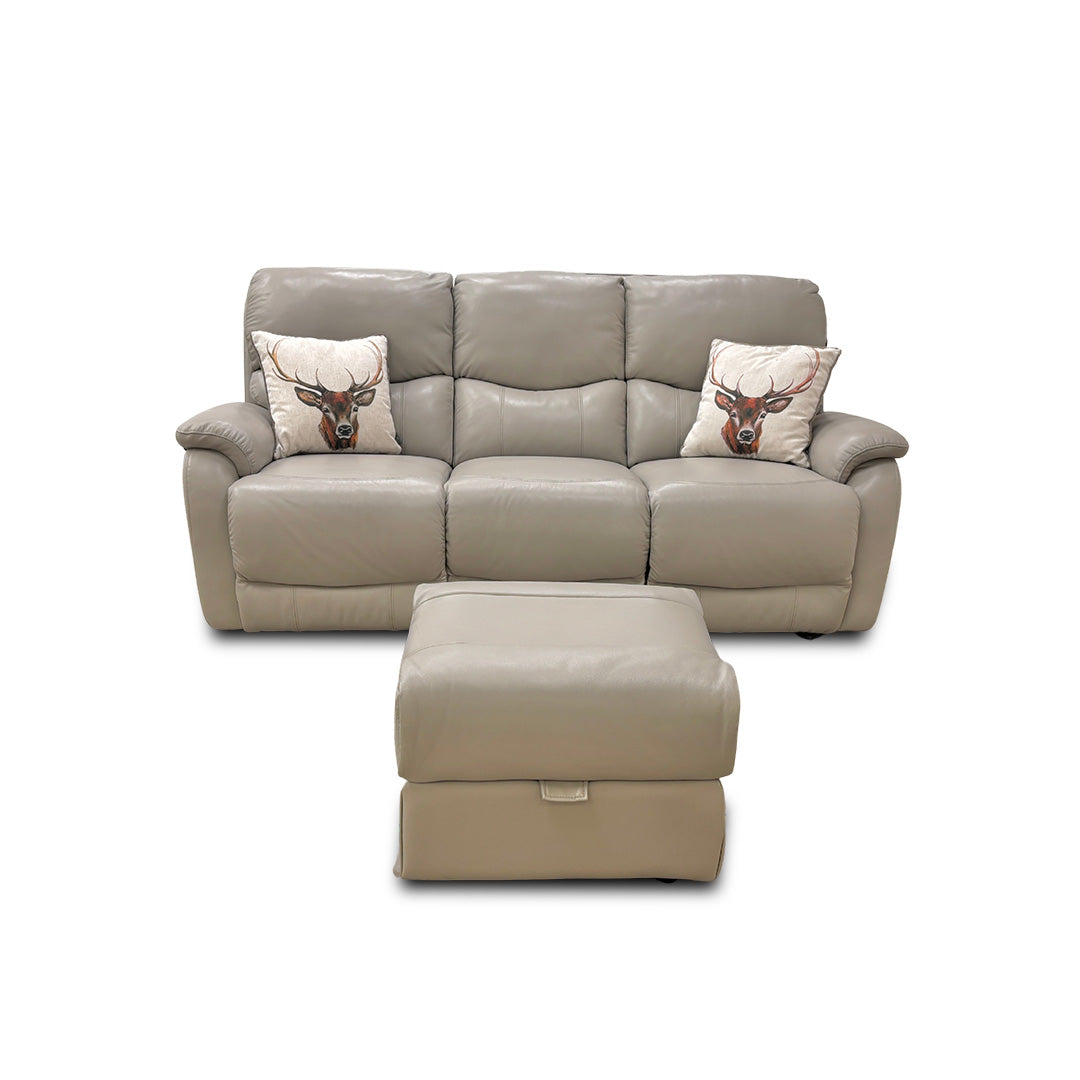 'Evelyn' Lead Grey Leather Manual Recliner 3 Seater Sofa with Storage Footstool