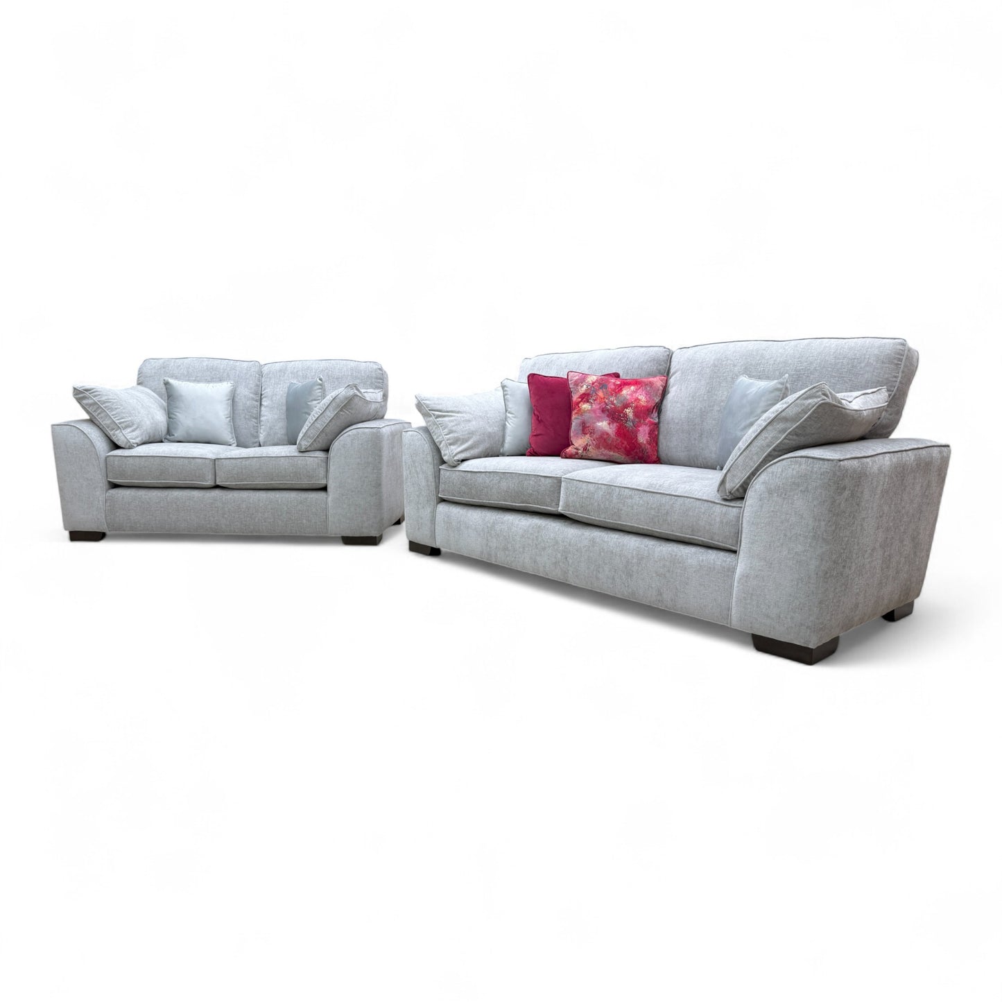 Full, straight-on view of the matching 'Harvey' 2-seater sofa in light grey chenille fabric.