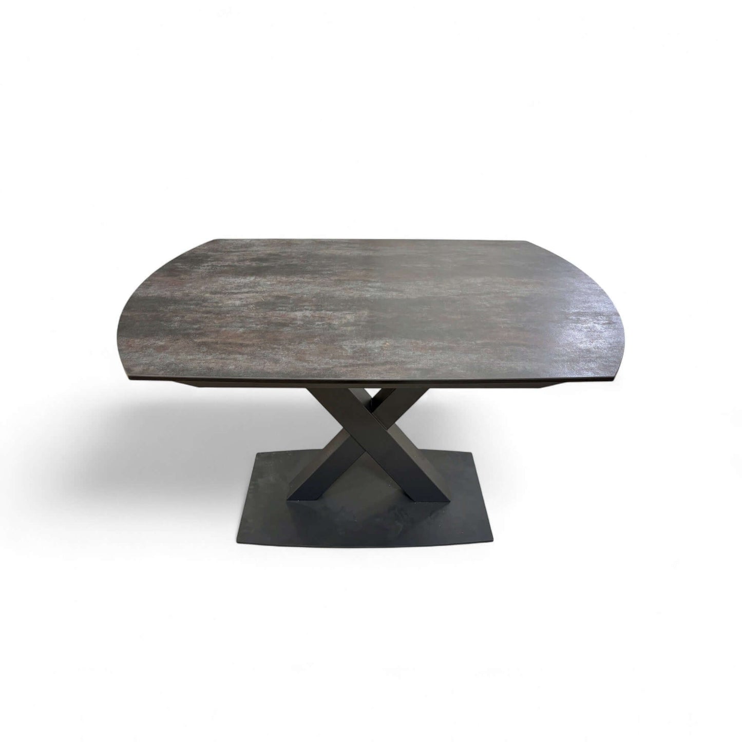 Wooden table with a metal base on a white background