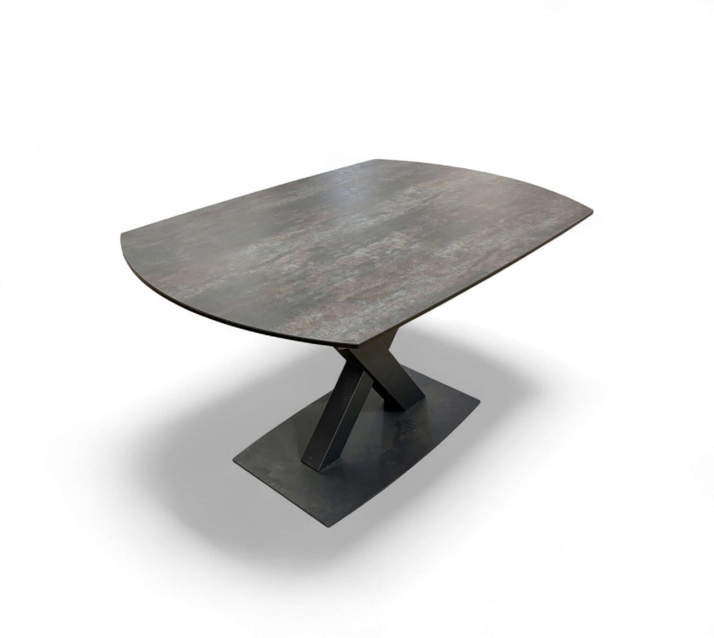 Modern dining table with a dark wood finish on a white background