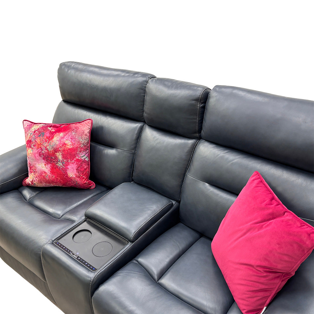 'Cinemax' La-4828 Natural Milled Navy Leather Media 2 Seater Power Recliner Sofa with Power Headrests
