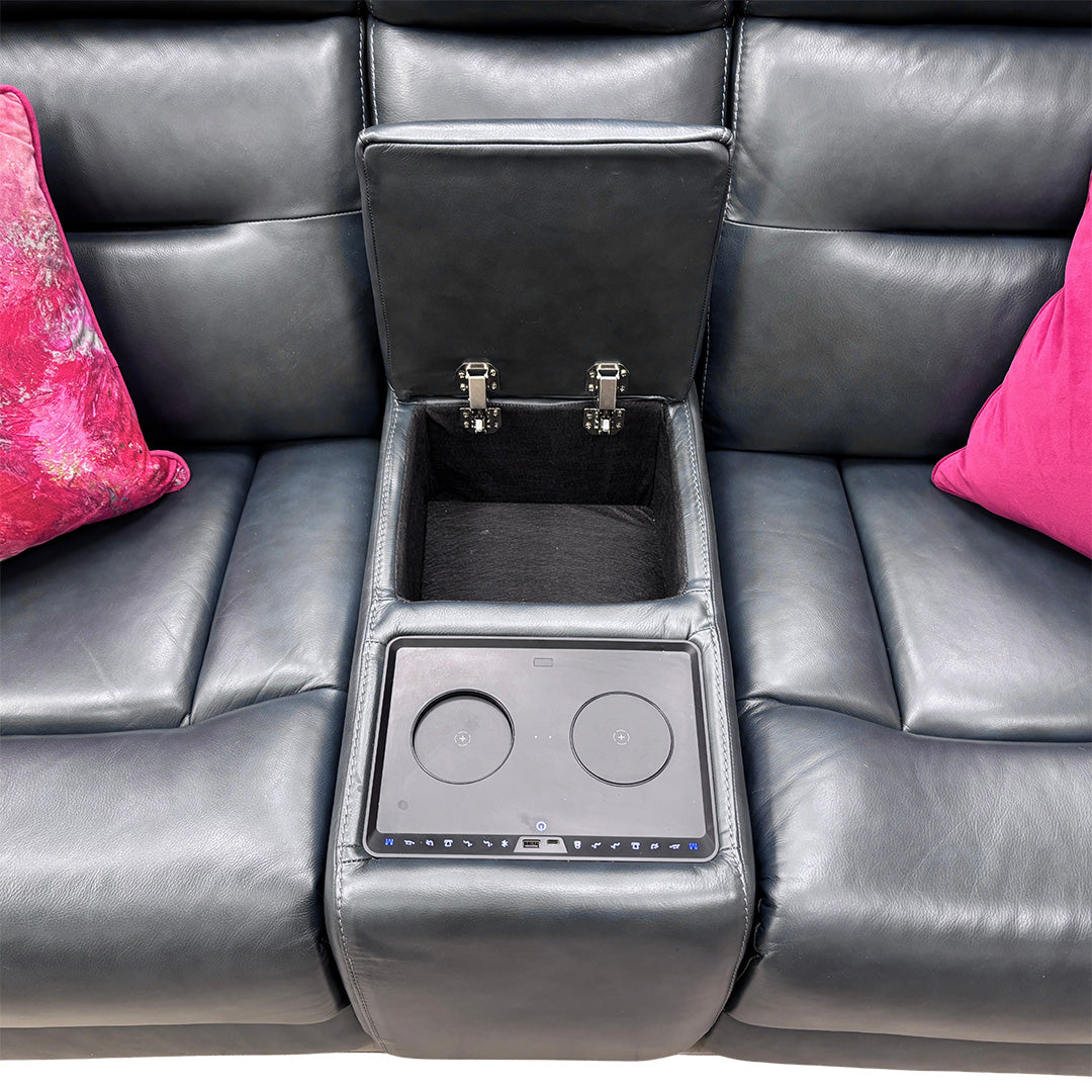 'Cinemax' La-4828 Natural Milled Navy Leather Media 2 Seater Power Recliner Sofa with Power Headrests