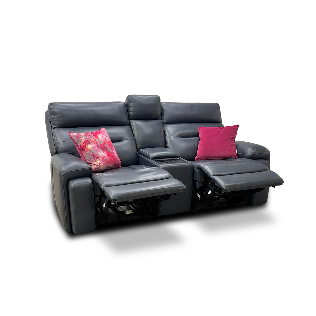 'Cinemax' La-4828 Natural Milled Navy Leather Media 2 Seater Power Recliner Sofa with Power Headrests