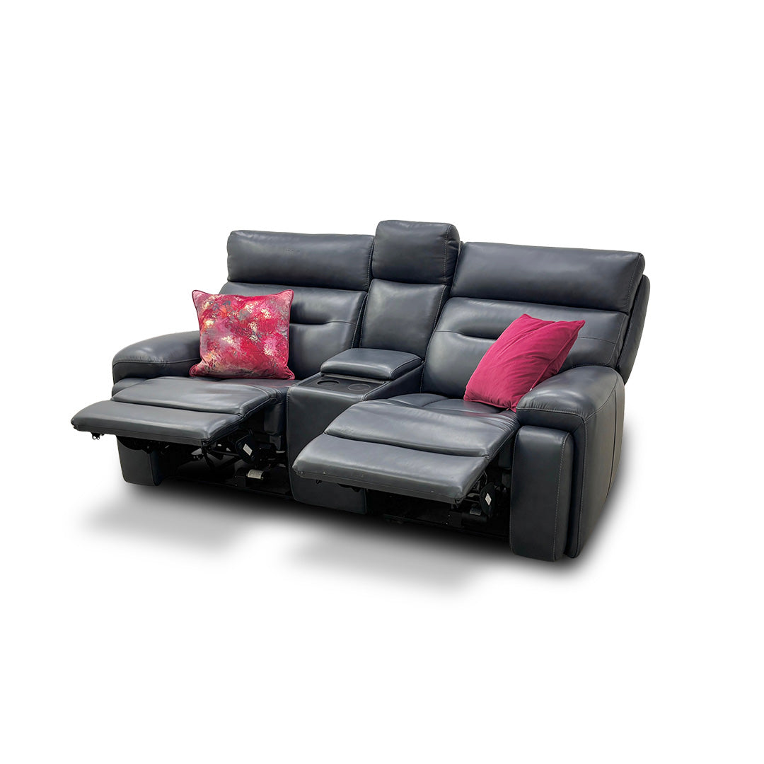 'Cinemax' La-4828 Natural Milled Navy Leather Media 2 Seater Power Recliner Sofa with Power Headrests