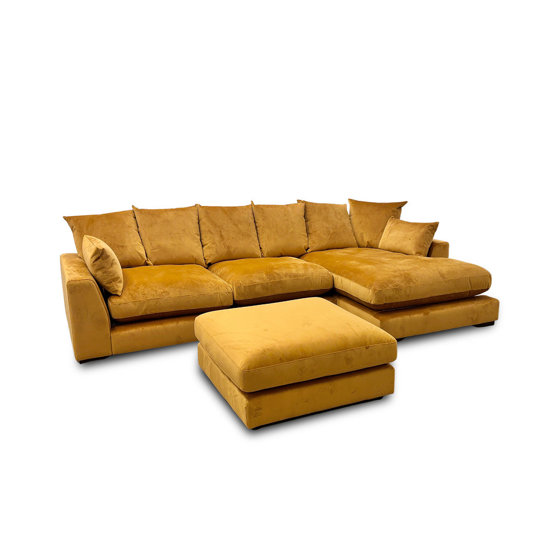 'Plush' Cinnamon Sensual Velvet Pillow Back Right Hand Facing Large Chaise End Sofa + Large Footstool