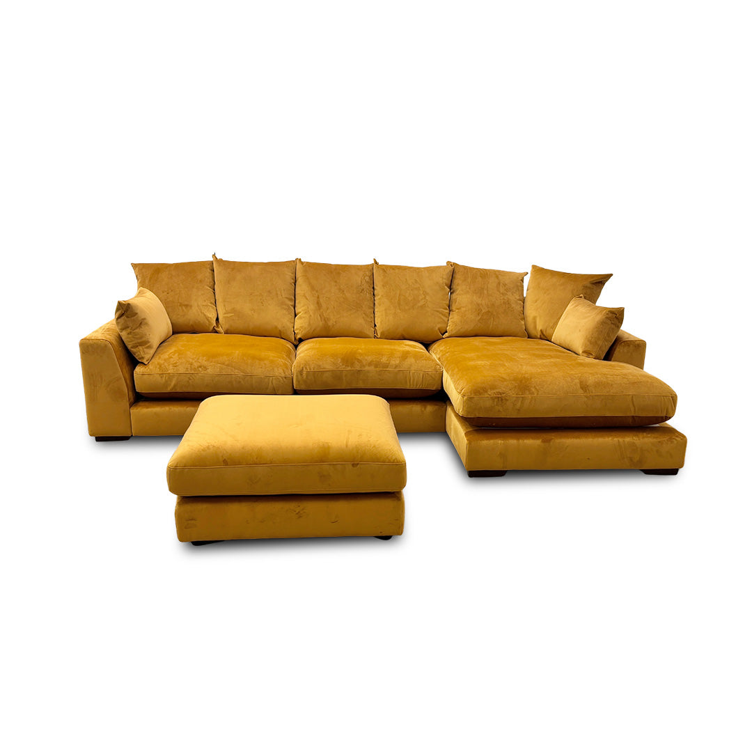 'Plush' Cinnamon Sensual Velvet Pillow Back Right Hand Facing Large Chaise End Sofa + Large Footstool