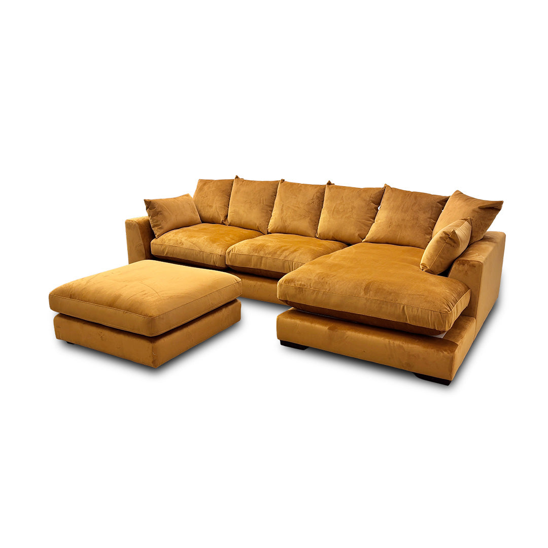 'Plush' Cinnamon Sensual Velvet Pillow Back Right Hand Facing Large Chaise End Sofa + Large Footstool