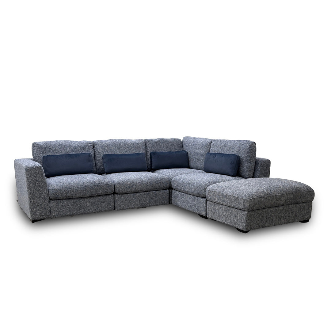 ‘Humphrey’ Denim Blue Fabric 5 Piece Modular Corner Group Sofa with Storage Footstool
