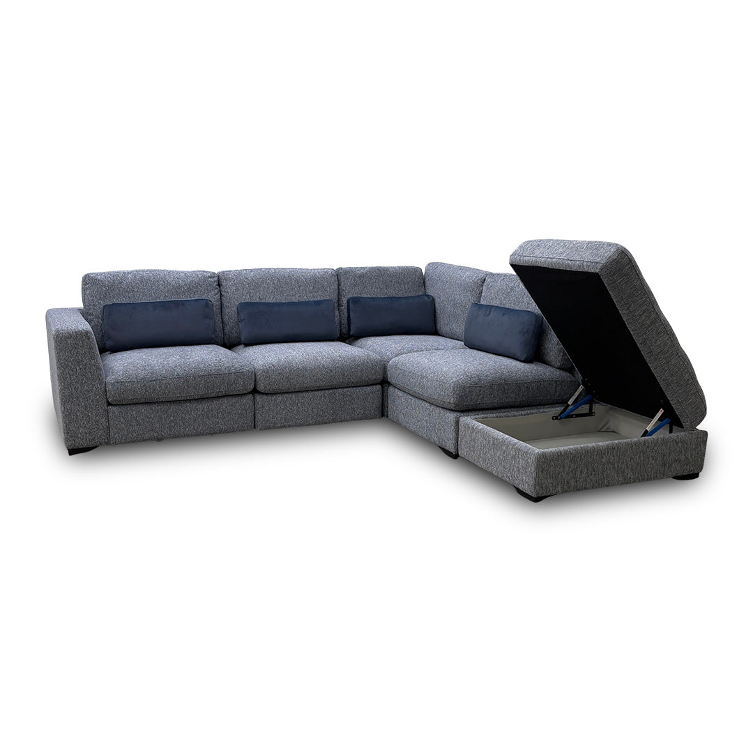 ‘Humphrey’ Denim Blue Fabric 5 Piece Modular Corner Group Sofa with Storage Footstool