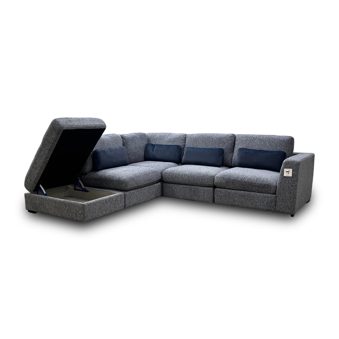 ‘Humphrey’ Denim Blue Fabric 5 Piece Modular Corner Group Sofa with Storage Footstool