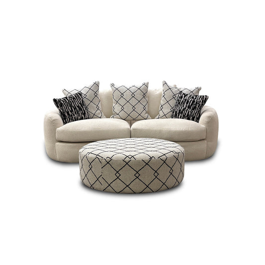 'Bow' Ecru Ivory Boucle 3 Seater Sofa + Pattern Ivory Boucle Footstool