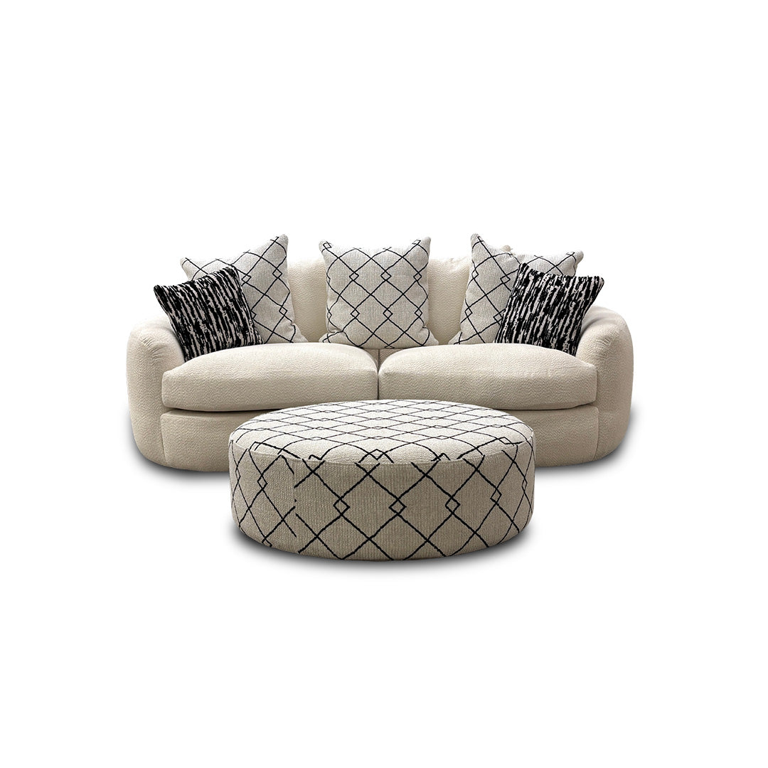‘Bow' Ecru Ivory Boucle 3 Seater Sofa + Pattern Ivory Boucle Footstool