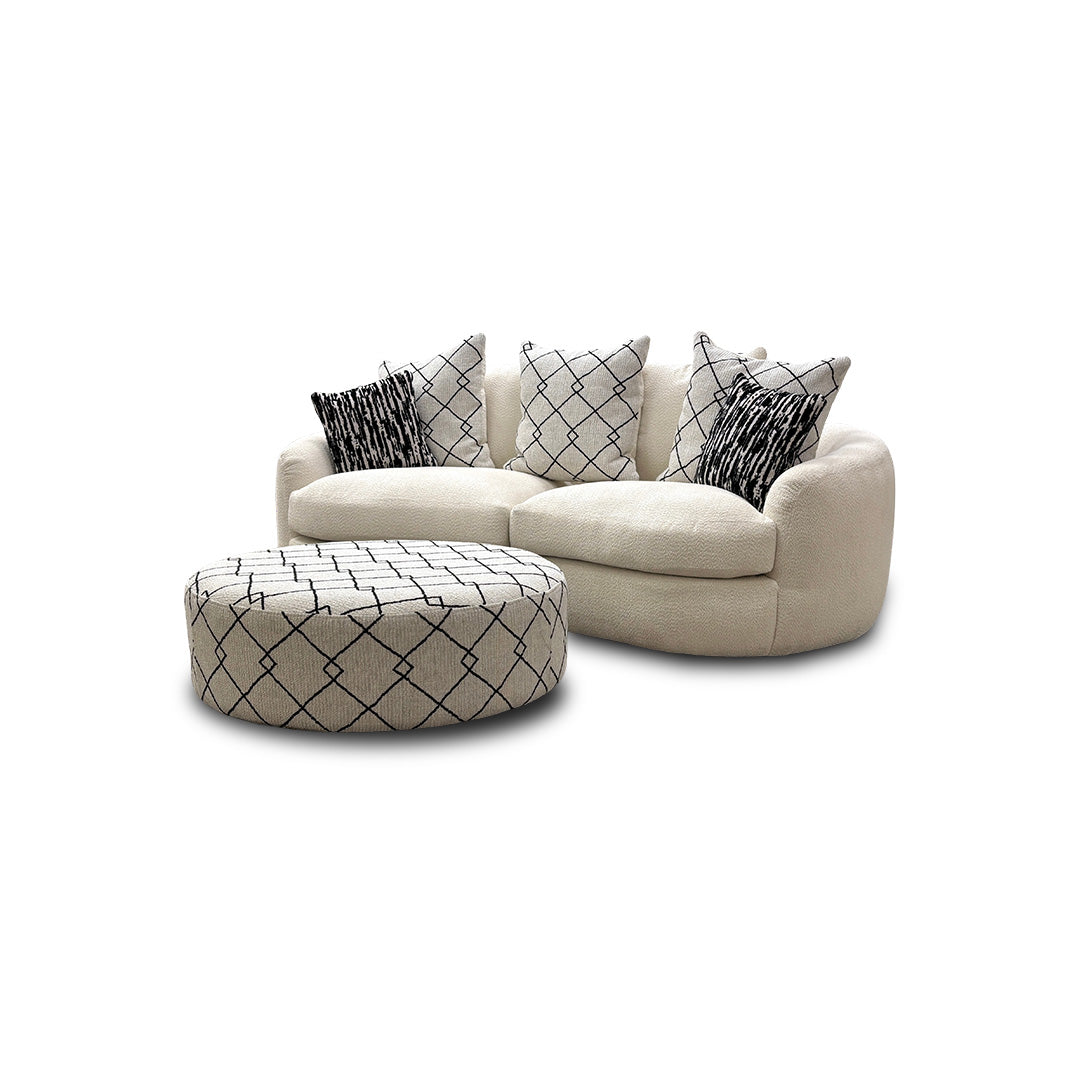 ‘Bow' Ecru Ivory Boucle 3 Seater Sofa + Pattern Ivory Boucle Footstool