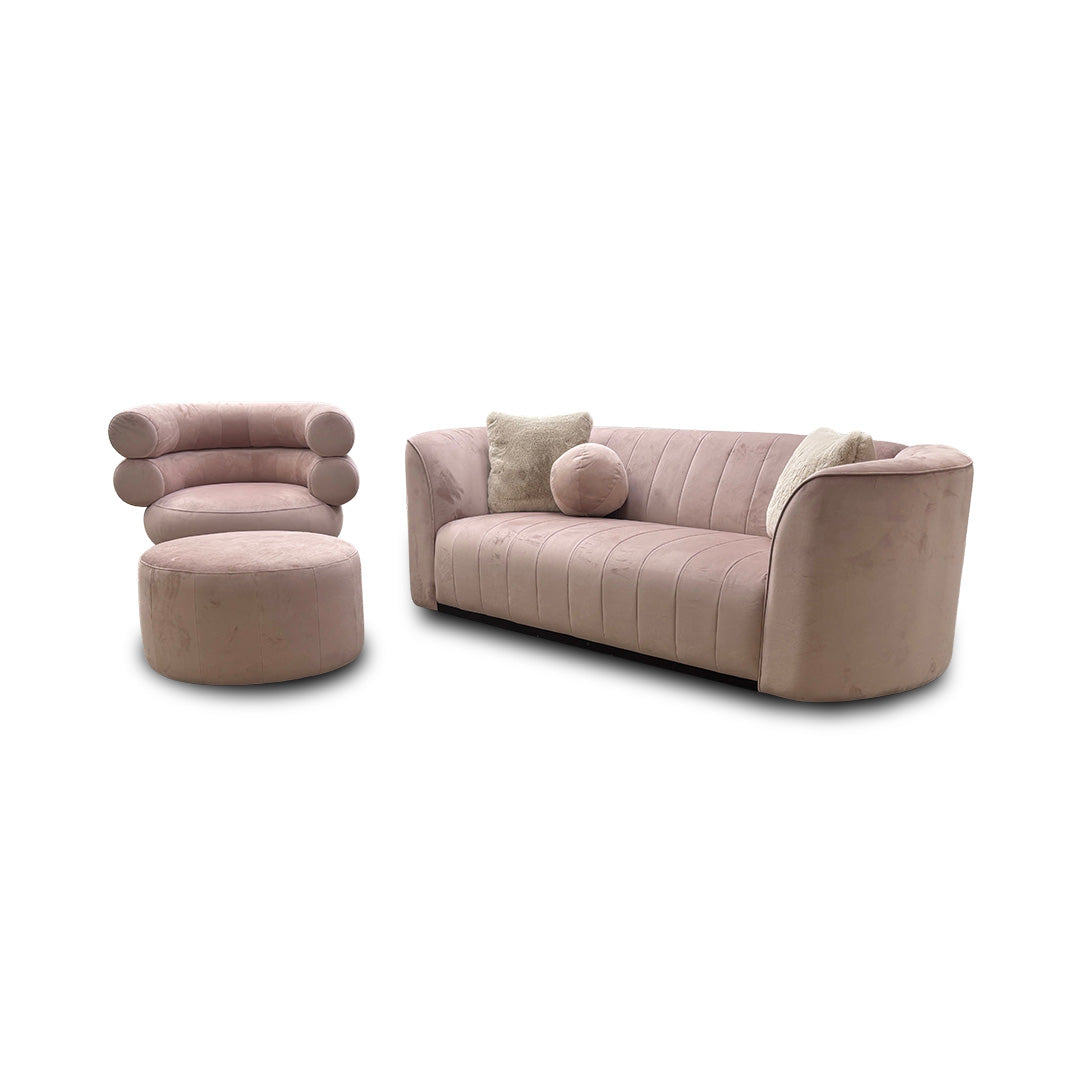 'Fitzrovia' Matt Velvet Blush Mix With Trim 3 Seater Sofa + Swivel Accent Chair + Footstool