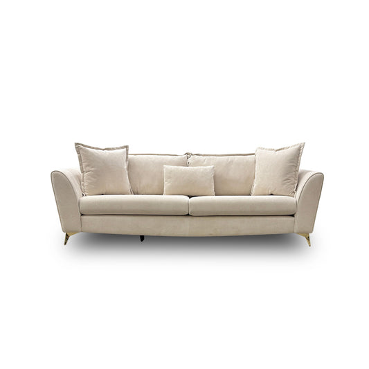 Front view of the 'Luella' Grande Sofa, emphasizing the deep seating and the soft texture of the cream-colored sherpa and linen mix upholstery.