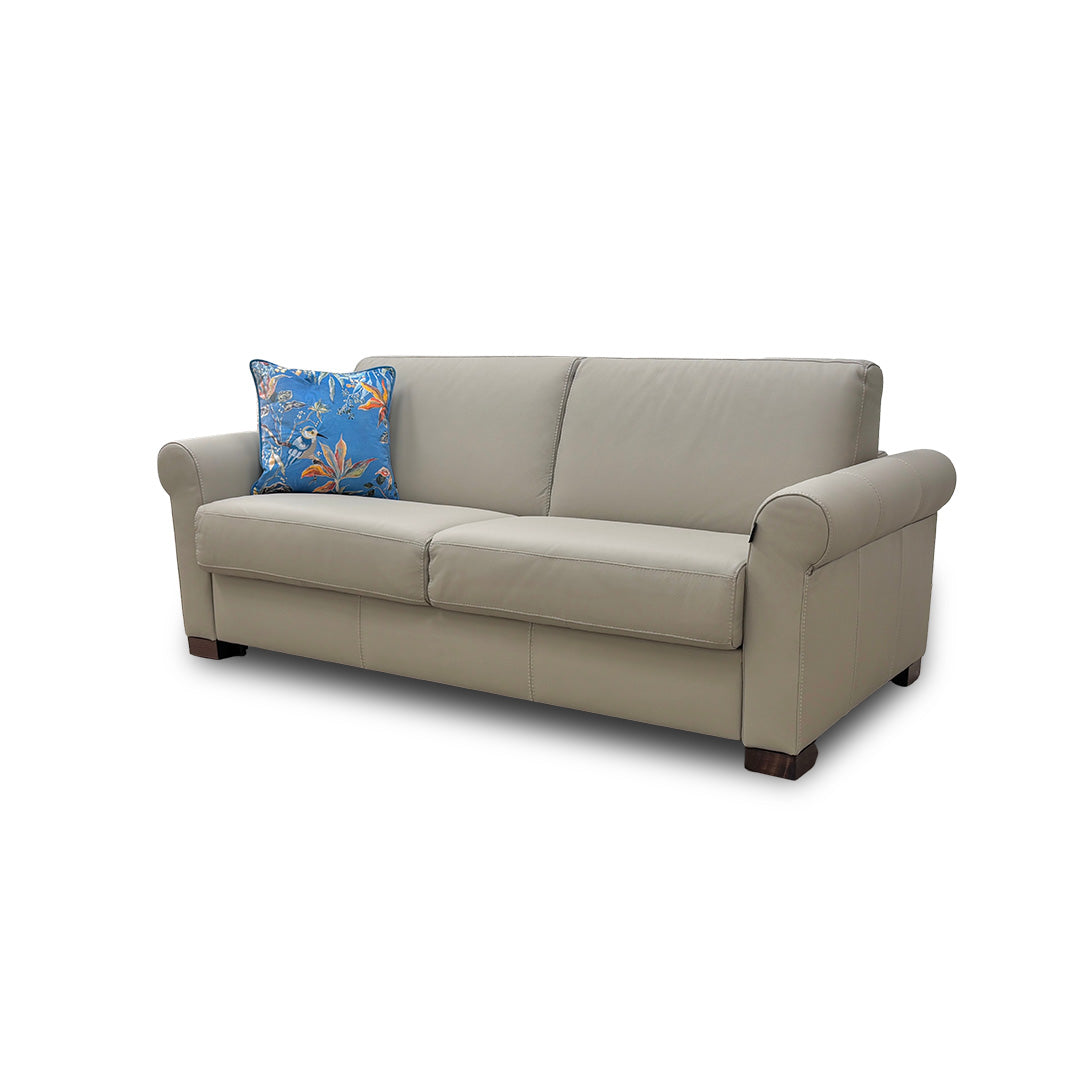 Nicoletti 'Alcova' Torello Tortora Dark Feet Leather 2.5 Seater Sofa Bed with Scroll Arms