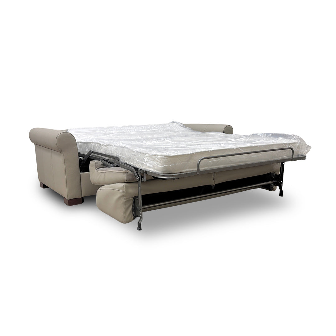 Nicoletti 'Alcova' Torello Tortora Dark Feet Leather 2.5 Seater Sofa Bed with Scroll Arms