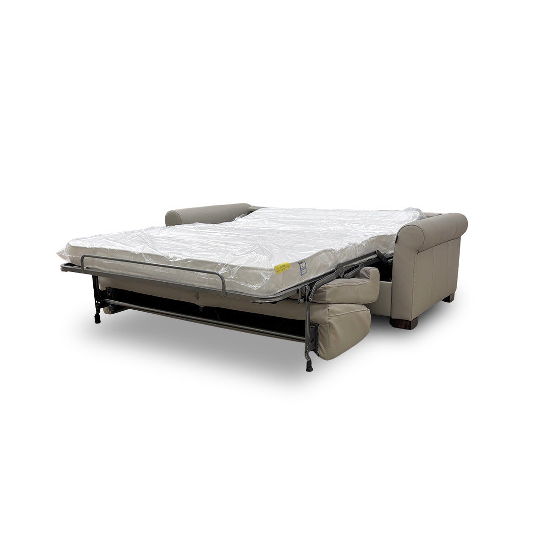 Nicoletti 'Alcova' Torello Tortora Dark Feet Leather 2.5 Seater Sofa Bed with Scroll Arms