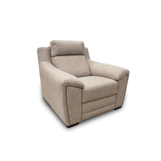 Tosca oatmeal tight weave fabric armchair, angled from the left with headrest cushion and dark feet