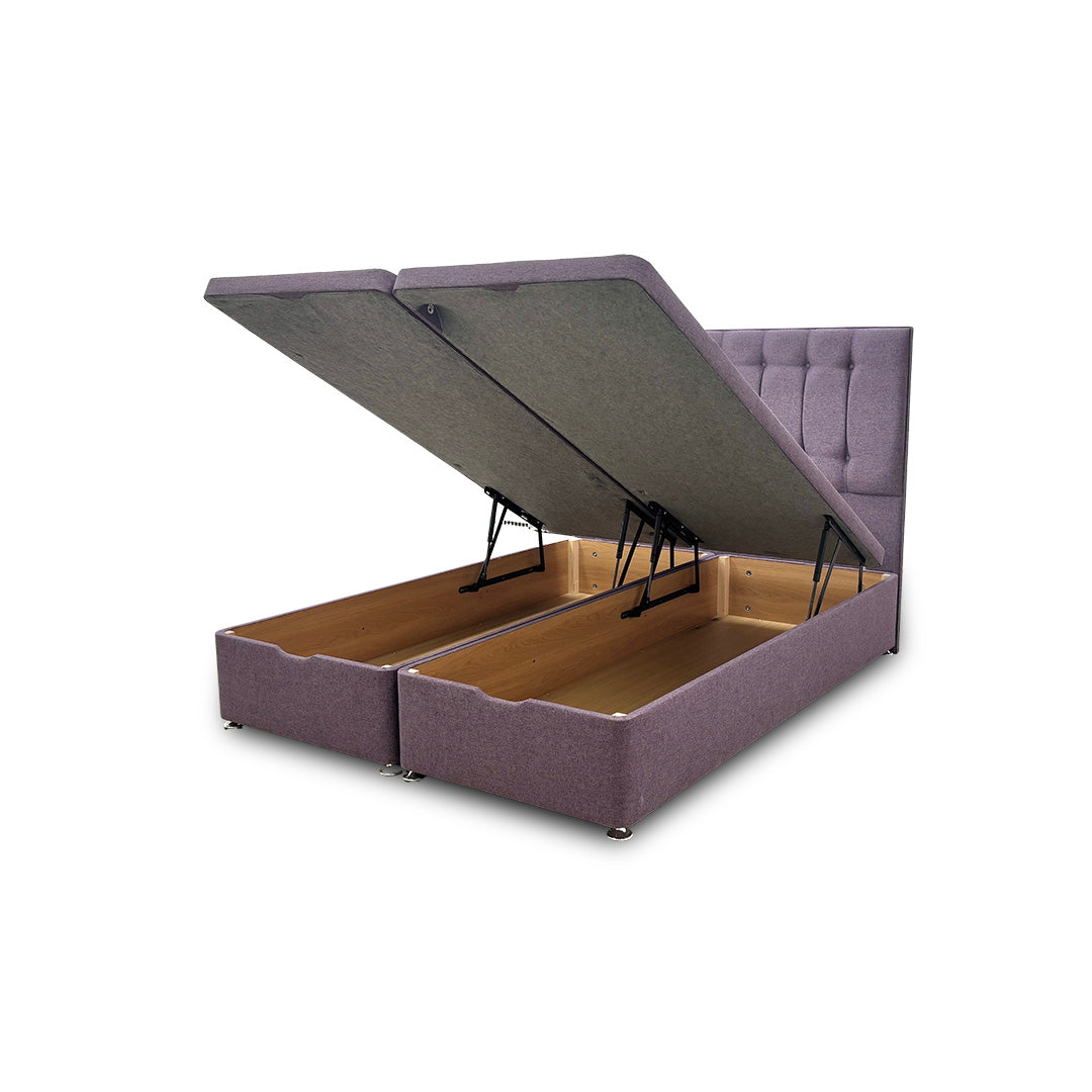 'Lillian' Lilac Fabric Double Ottoman End Lift Bed Base with Floor Standing Headboard - King