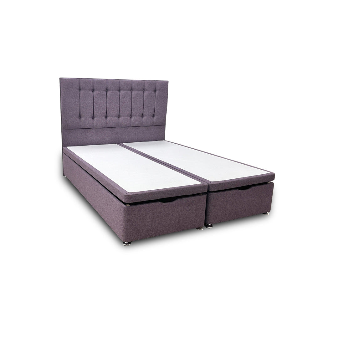 'Lillian' Lilac Fabric Double Ottoman End Lift Bed Base with Floor Standing Headboard - King