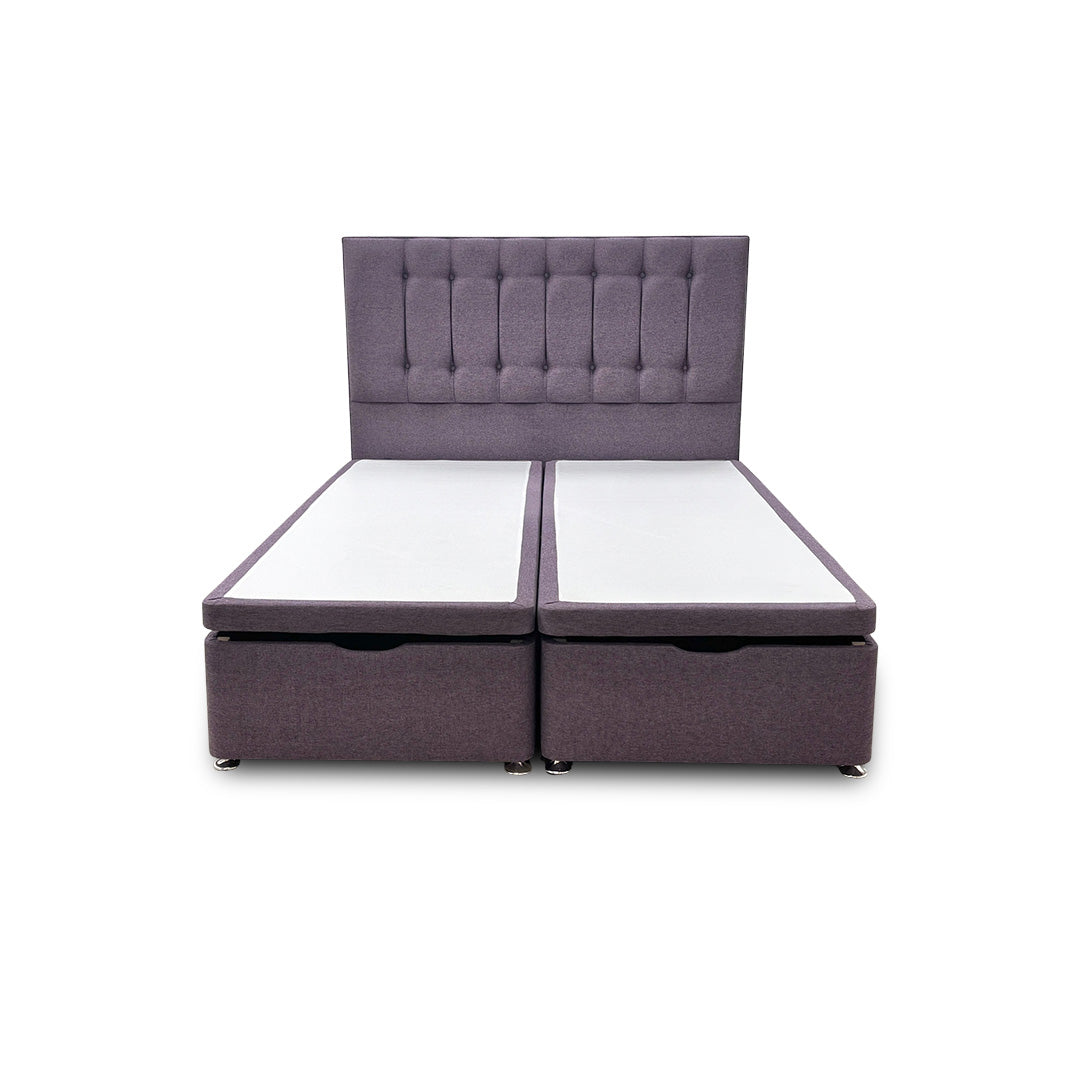 'Lillian' Lilac Fabric Double Ottoman End Lift Bed Base with Floor Standing Headboard - King