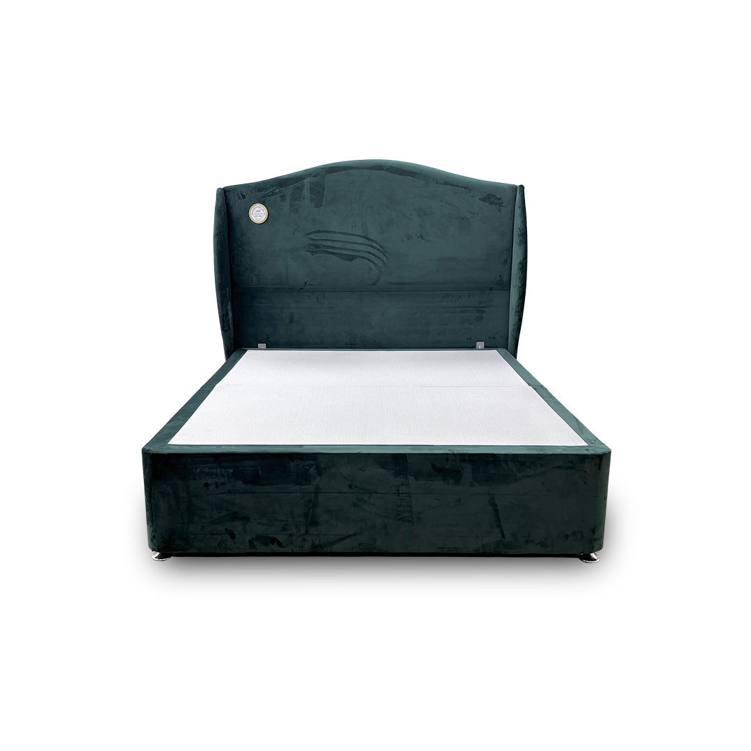 'Angel' Forest Green Velvet 4 Draw Divan Bed with Floor Standing Winged Headboard - King