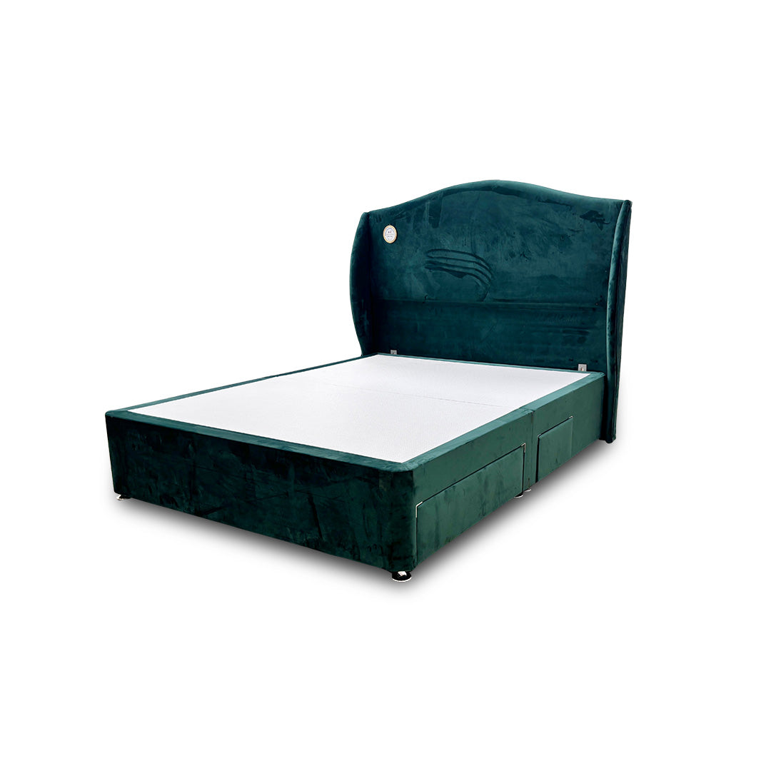 'Angel' Forest Green Velvet 4 Draw Divan Bed with Floor Standing Winged Headboard - King
