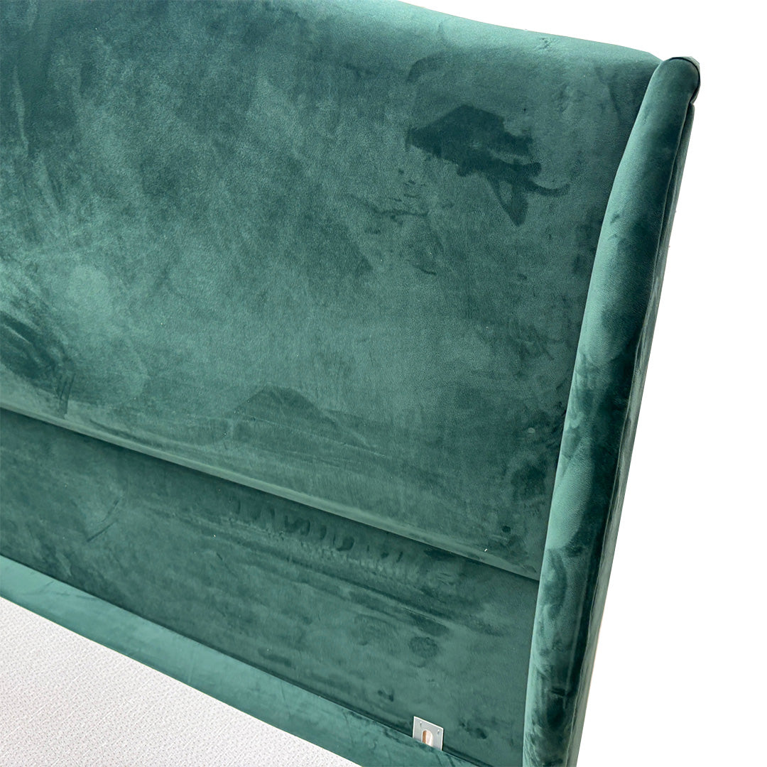 'Angel' Forest Green Velvet 4 Draw Divan Bed with Floor Standing Winged Headboard - King