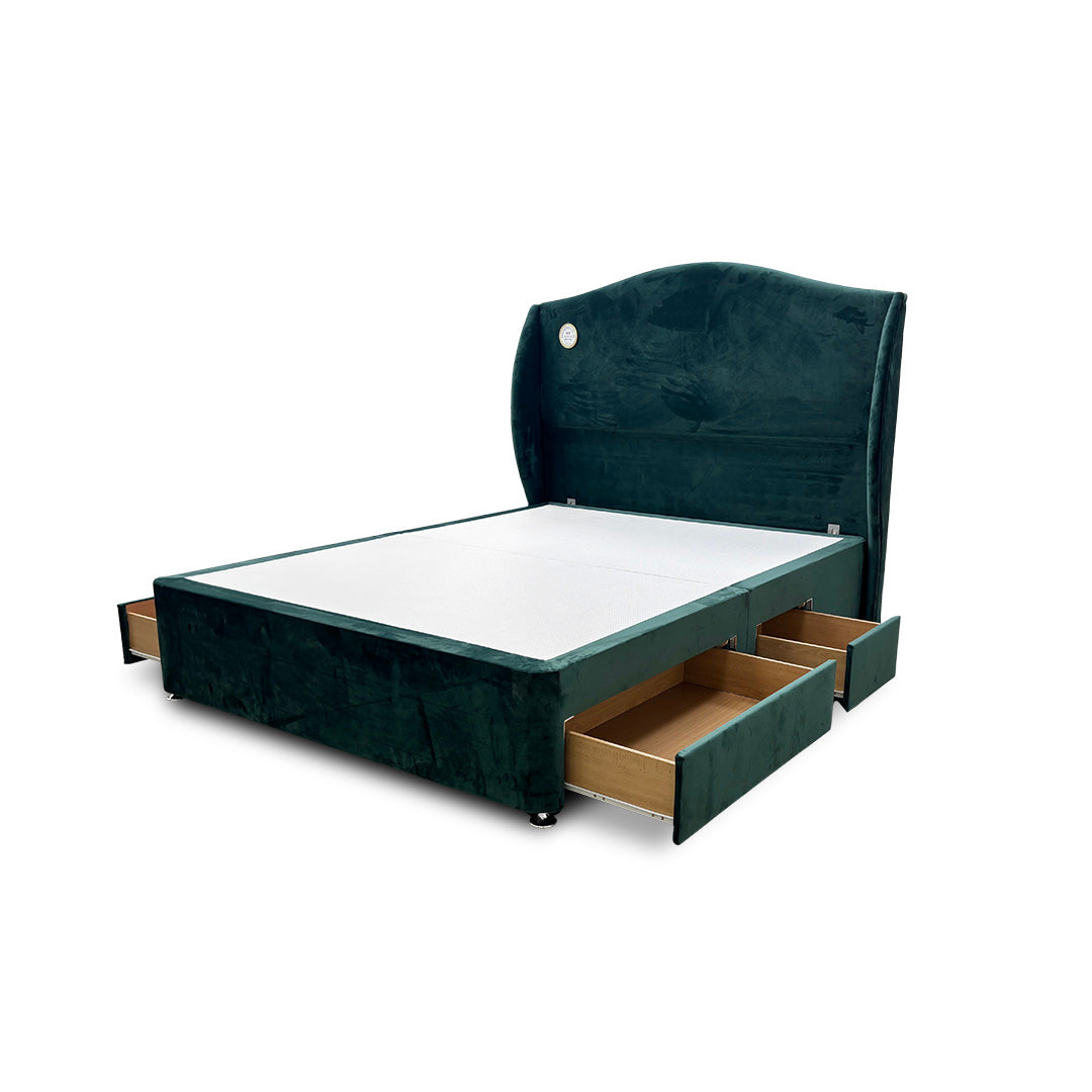 'Angel' Forest Green Velvet 4 Draw Divan Bed with Floor Standing Winged Headboard - King