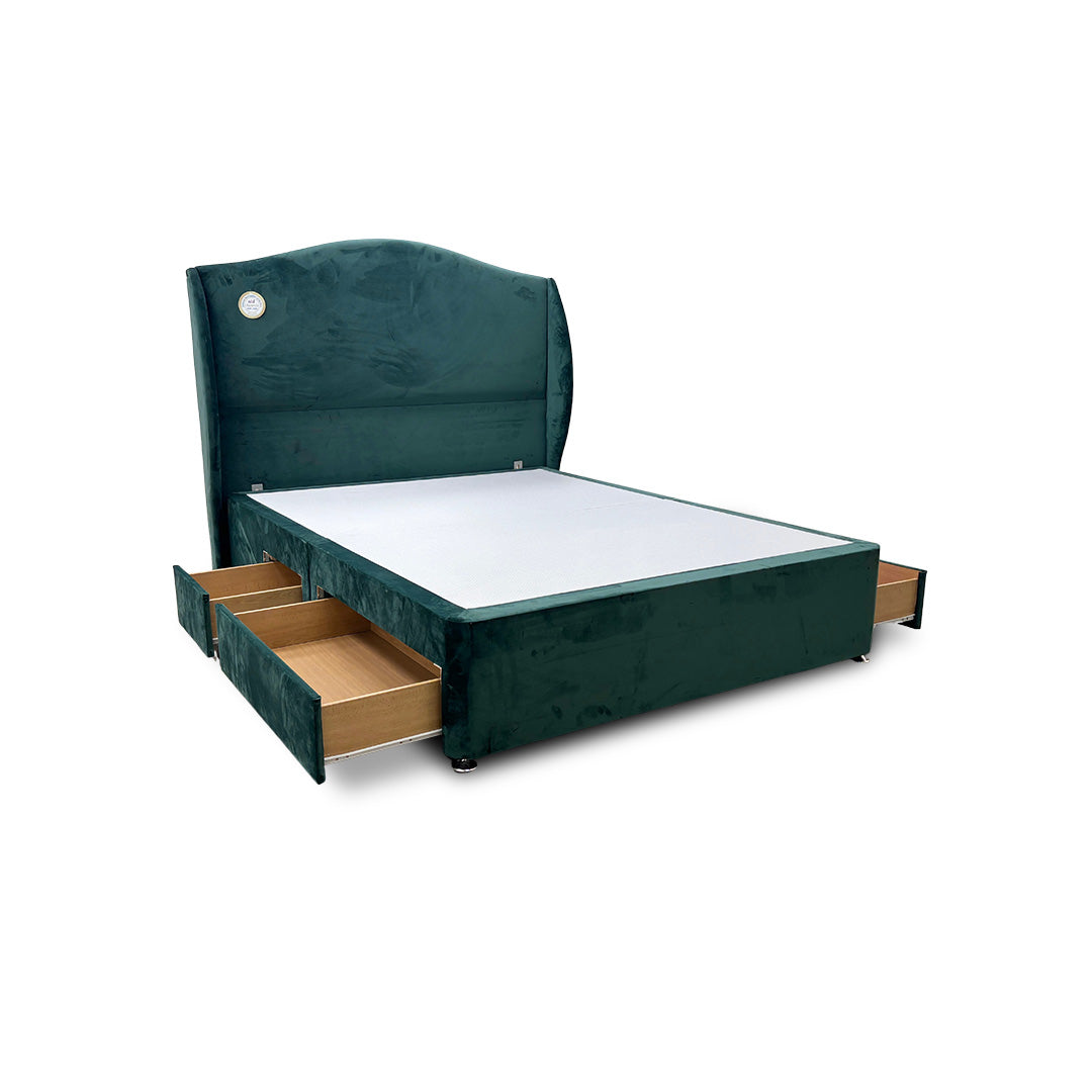 'Angel' Forest Green Velvet 4 Draw Divan Bed with Floor Standing Winged Headboard - King