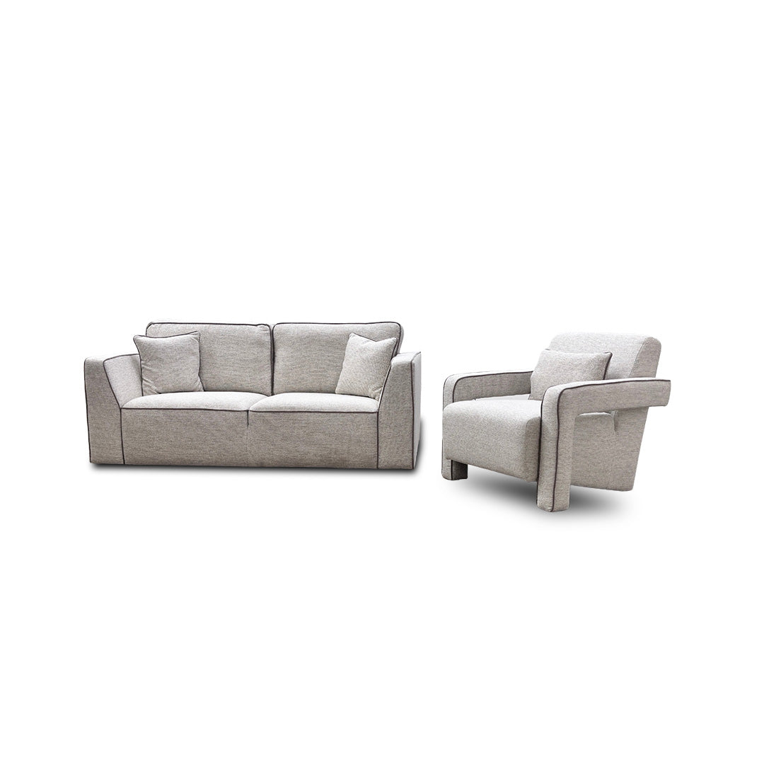 'Russo' Lustre Weave Contrast Piping Natural Mix 3 Seater Sofa + Accent Chair