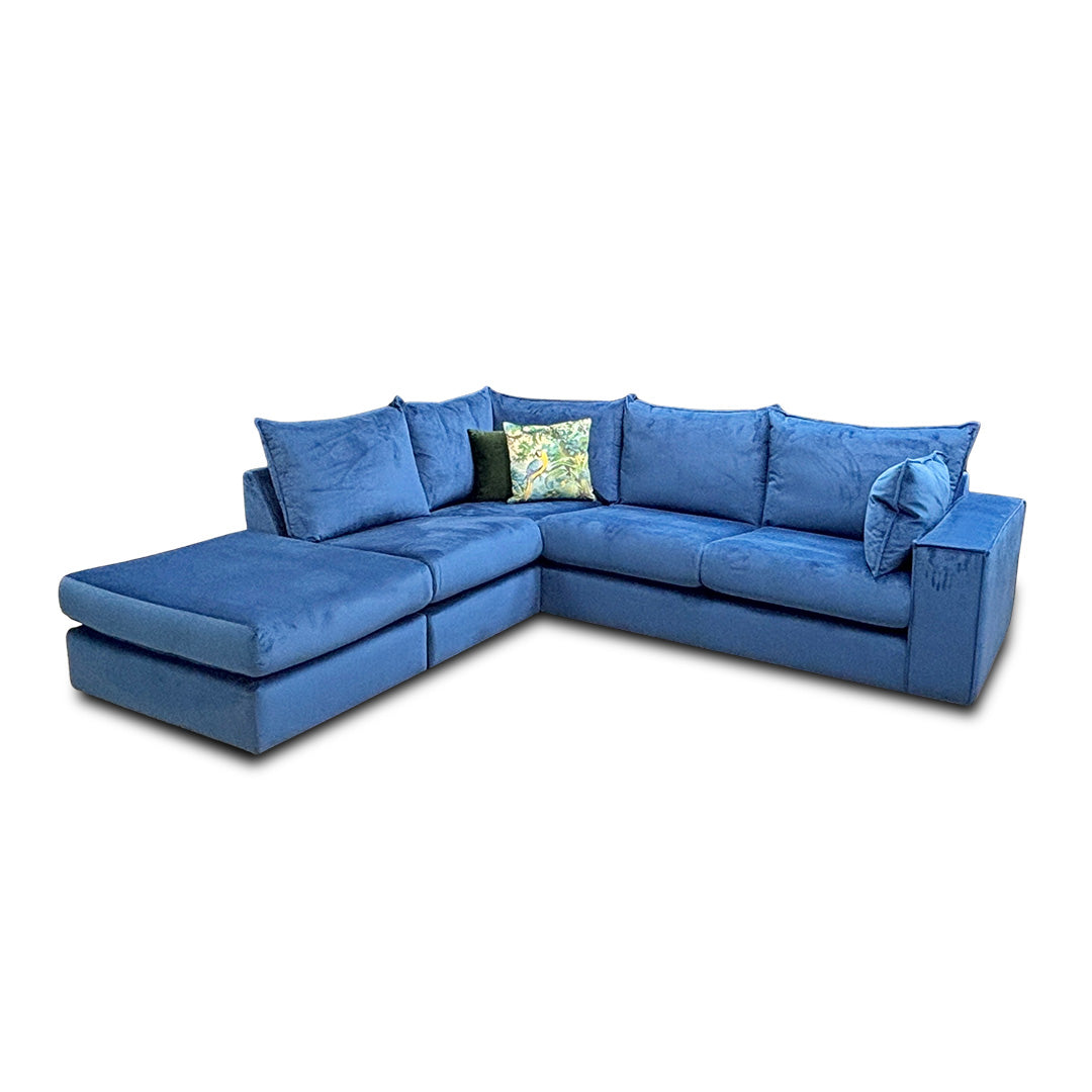 'Lovise' Royal Blue Lovise Velvet Left Hand Facing Arm 3 Piece Open End Corner Sofa