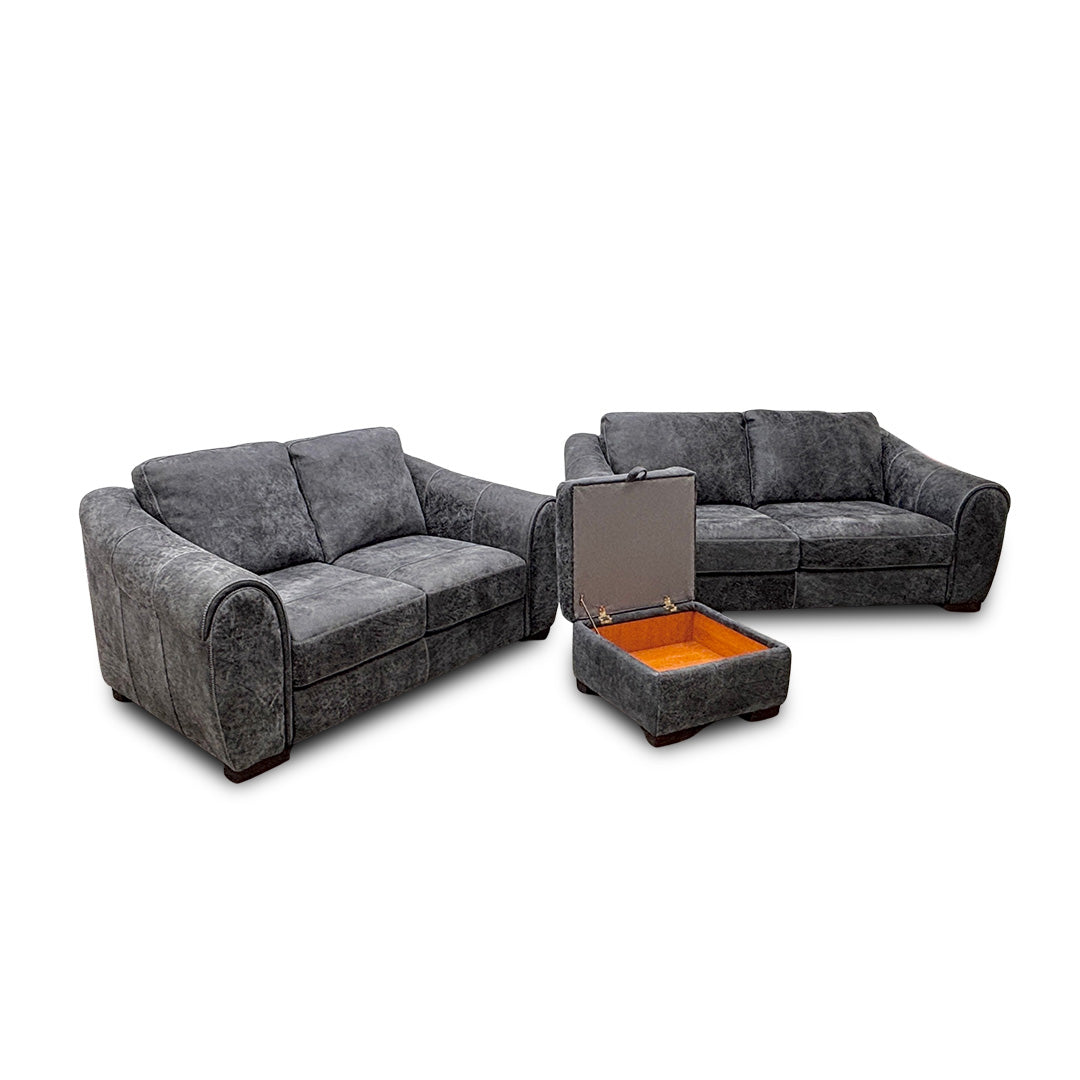 'Galleria' Utah Grey Leather 3 + 2 Sofa Set with Storage Footstool