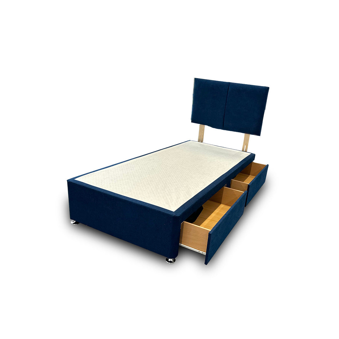 'Bella' Navy Velvet Divan Base + Headboard with 2 Drawers - Single