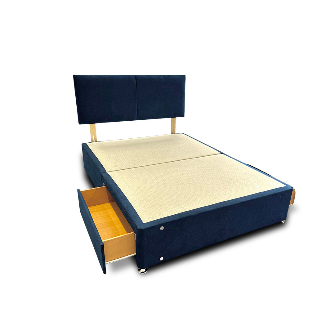 'Bella' Navy Velvet Divan Base + Headboard with 2 Drawers - Double