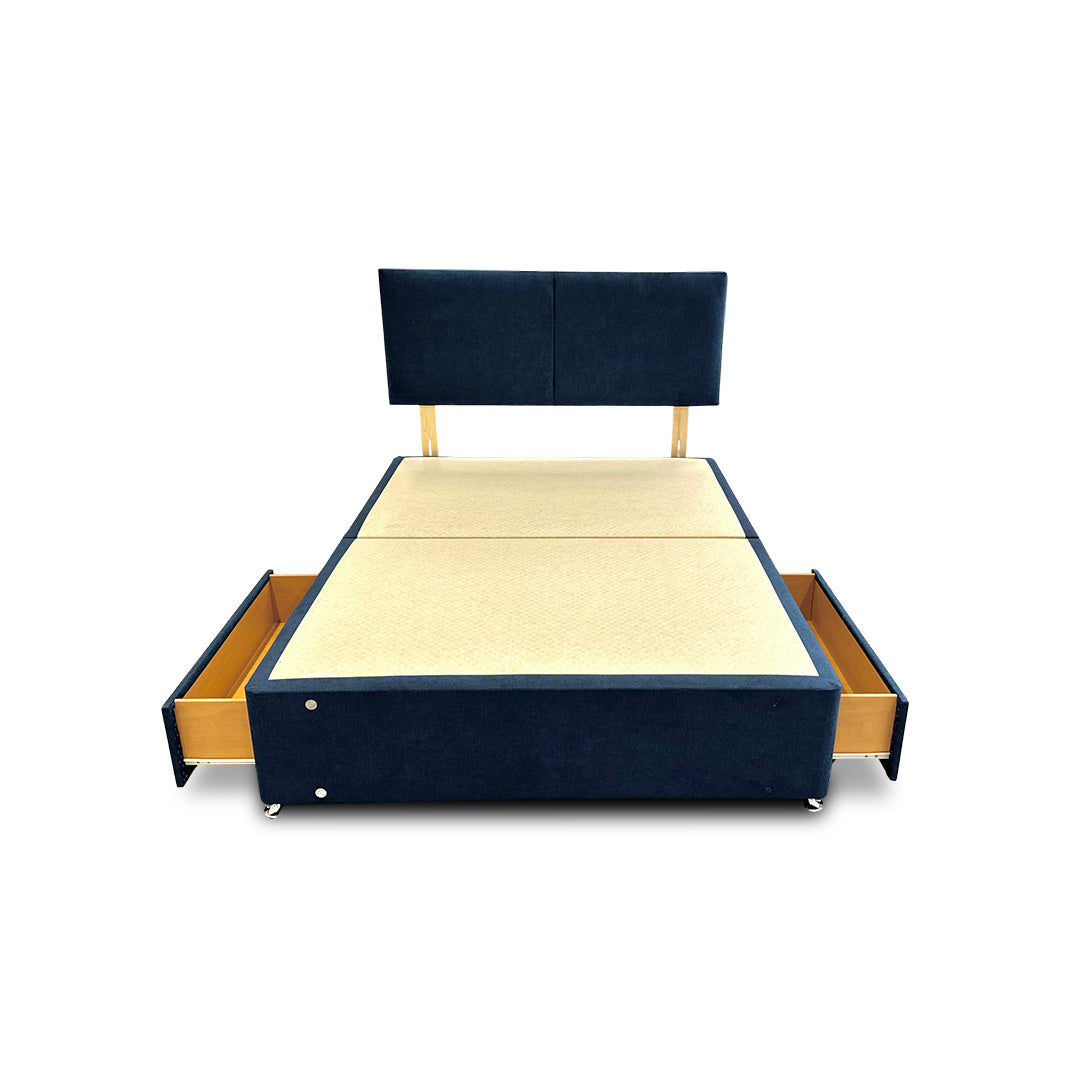 'Bella' Navy Velvet Divan Base + Headboard with 2 Drawers - Double