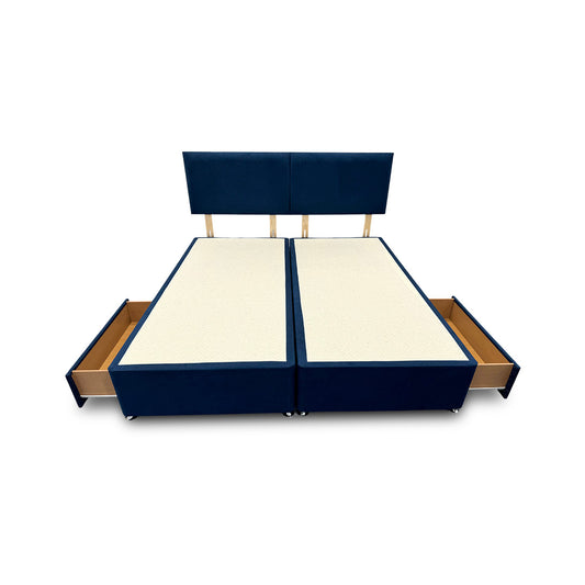 'Bella' Navy Velvet Divan Base + Headboard with 2 Drawers - Super King