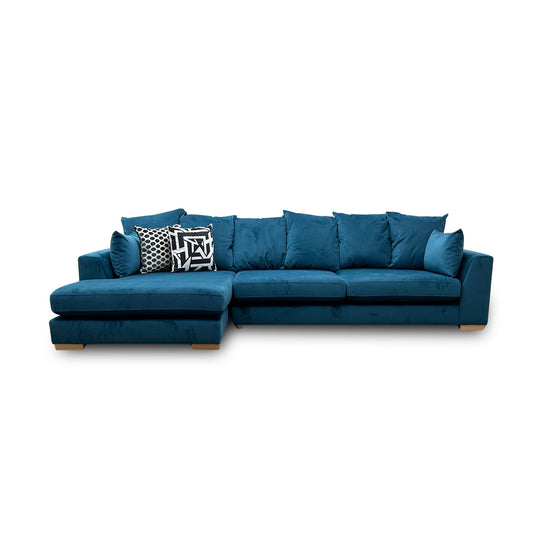 'Plush' Teal Sensual Velvet Pillow Back Left Hand Facing Large Open End Chaise Sofa